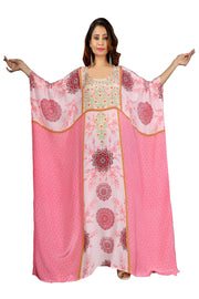 Graceful Full length pink colored floral print Evening Silk Kaftan