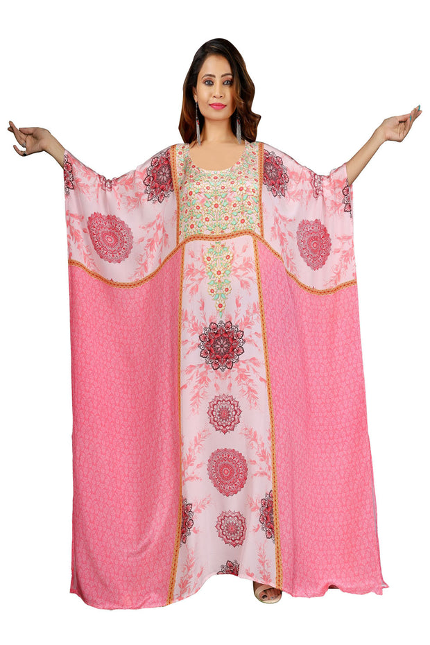 Graceful Full length pink colored floral print Evening Silk Kaftan