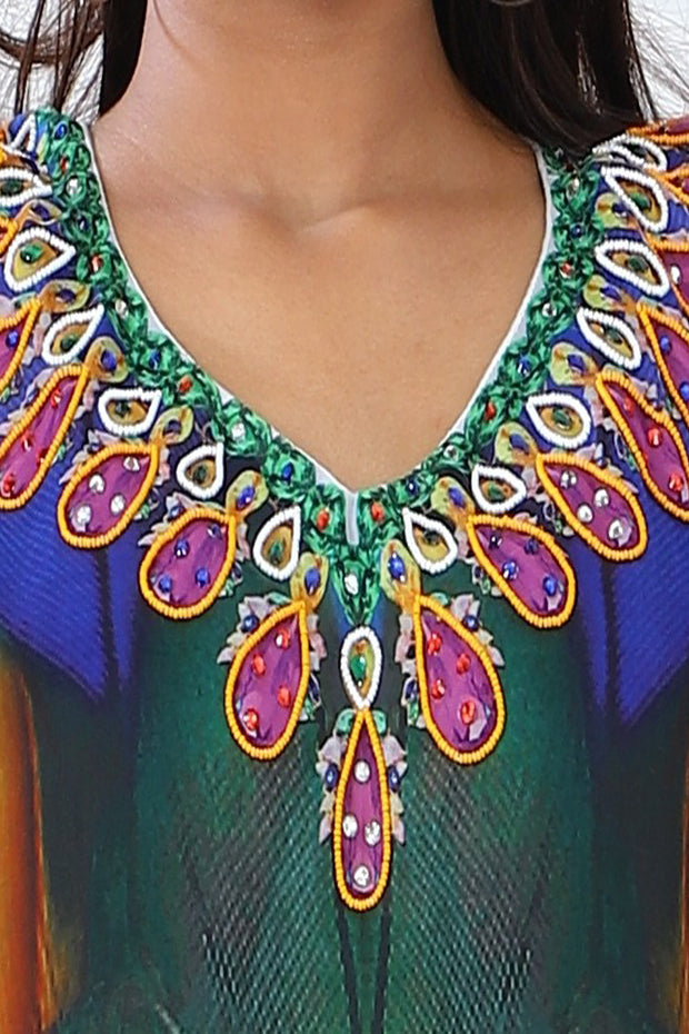 Style up with Feathery Silk Kaftan toned beaded necklace look and graceful cuts