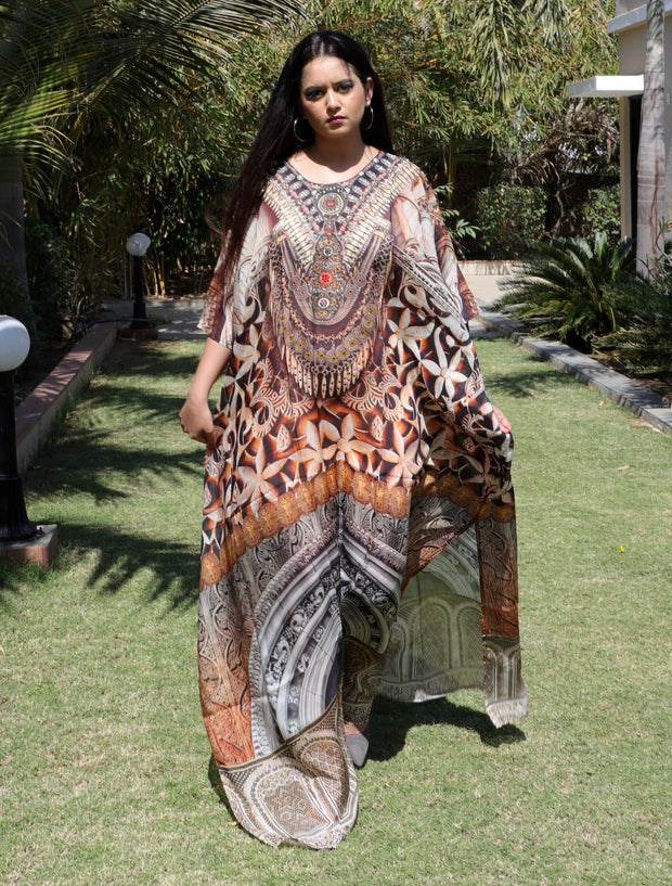 Embossed Artistic Tribal Geometric Print kaftan silk dress