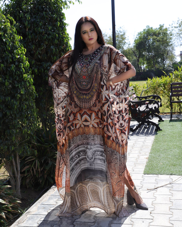Embossed Artistic Tribal Geometric Print kaftan silk dress