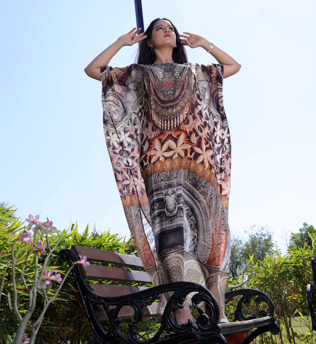Embossed Artistic Tribal Geometric Print kaftan silk dress