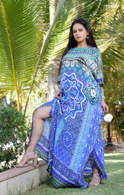 Bluish Geometric print party wear Silk Kaftan Beautiful Long Kaftan