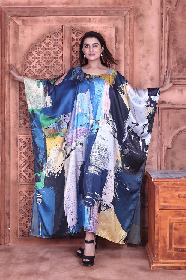 Blue Silk Dress Designer Kaftan Plus Size Vibrant Robe for Resort Wear