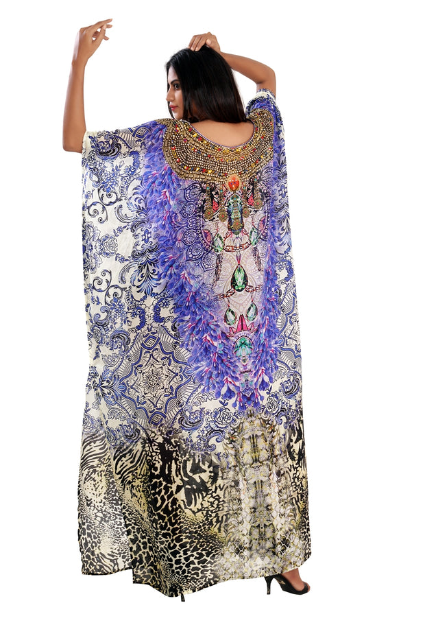 Display of Olympe Ode Art on Silk Kaftan Dress with charming crystals