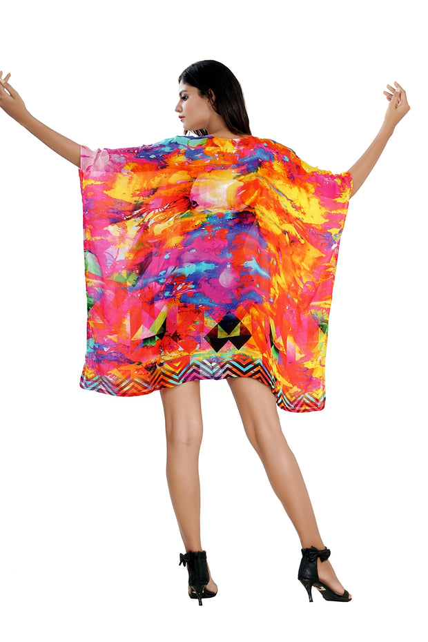 Varied color abstract print short Silk Kaftan with Side cuts