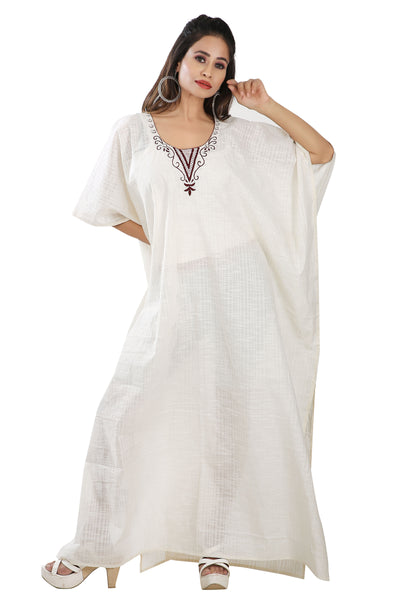 Linen cotton embroidered neckline casual wear Kaftan Dresses
