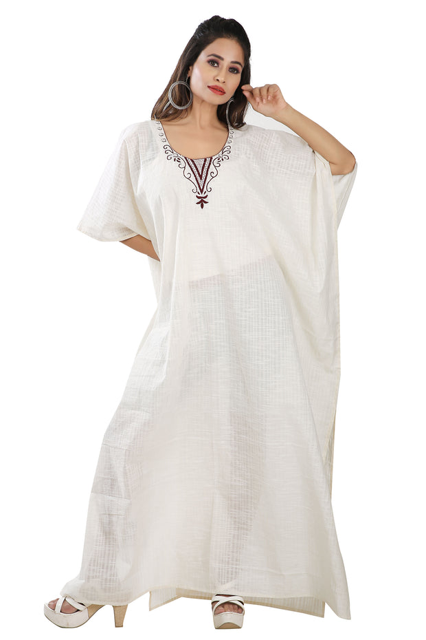 Linen cotton embroidered neckline casual wear Kaftan Dresses