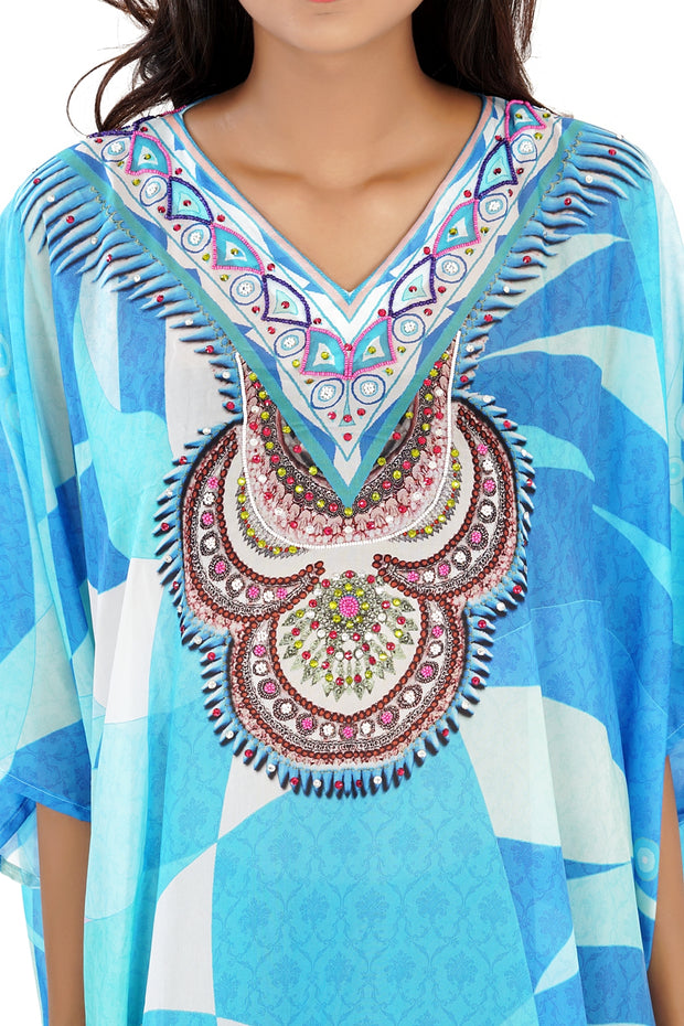 Glamorous Maxi Style Tropical Thunder Silk Kaftan inflated with Colourful Crystals pool party kaftan