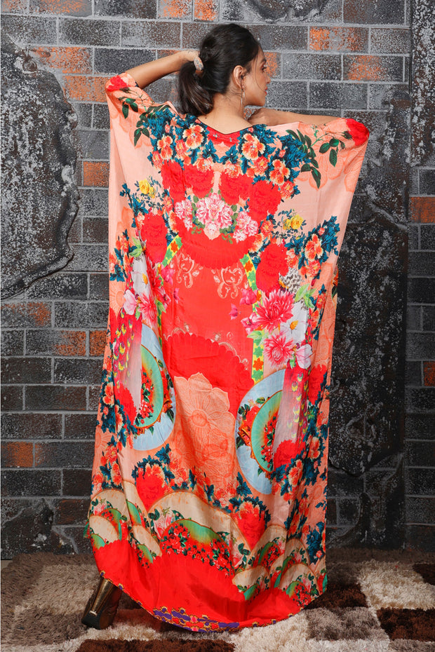Embellished Red colored long kaftan with creative print Lace up silk kaftans