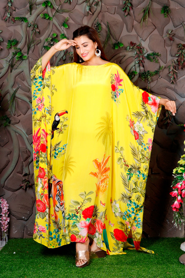 Animal Print Silk Kaftan Maxi Dress For Women Yellow Silk Caftan Top