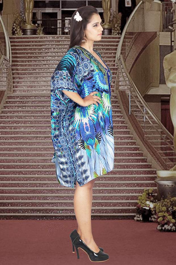 Silk caftan tunic designer wear feather print lace up silk kaftans