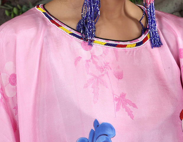 Silk caftan beach dress kaftan pink colored bird print caftan evening dresses