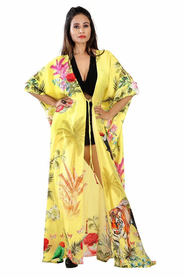Beach Kimono Cover-up with Animal floral print and belt to tighten