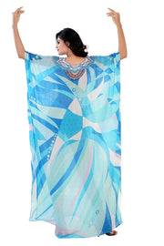 Glamorous Maxi Style Tropical Thunder Silk Kaftan inflated with Colourful Crystals pool party kaftan