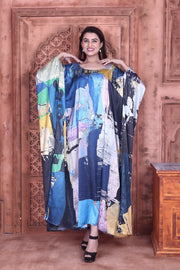 Blue Silk Dress Designer Kaftan Plus Size Vibrant Robe for Resort Wear