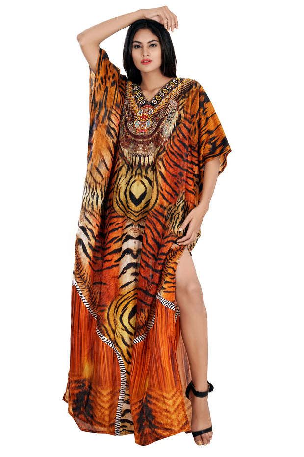 Exquisite Lion Print over Long Silk Kaftan flawless to wear for tropical occasions