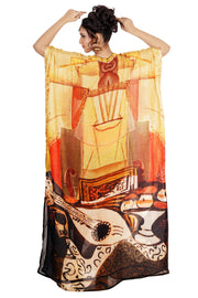Silk Kaftan with Picasso print Deep V neck beach wear caftan