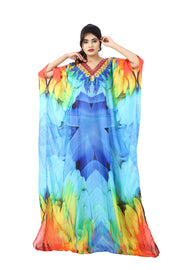 Maccaw Feathers on Maxi Long Silk Kaftan with dazzling ornamental hand craft