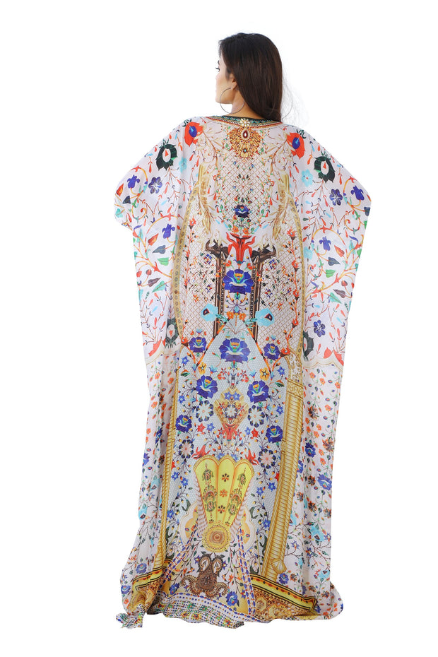 Compelling flowers decorative Geometric Patterns on Silk Kaftan dress