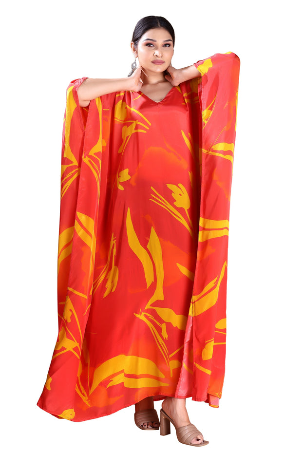 Ravishing in Red: V-Neck Silk Caftan for a Bold and Beautiful Look