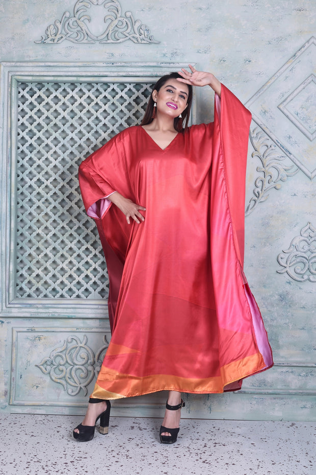 Vibrant Red Color Kaftan Plus Size Silk Kaftan Resort Wear for women
