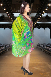 Green Camouflage Print Silk short Kaftan Dress silk caftan tunic silk dress