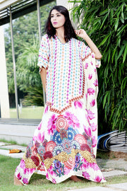 Lotus print with Geometric shapes over Long Silk Kaftan gown