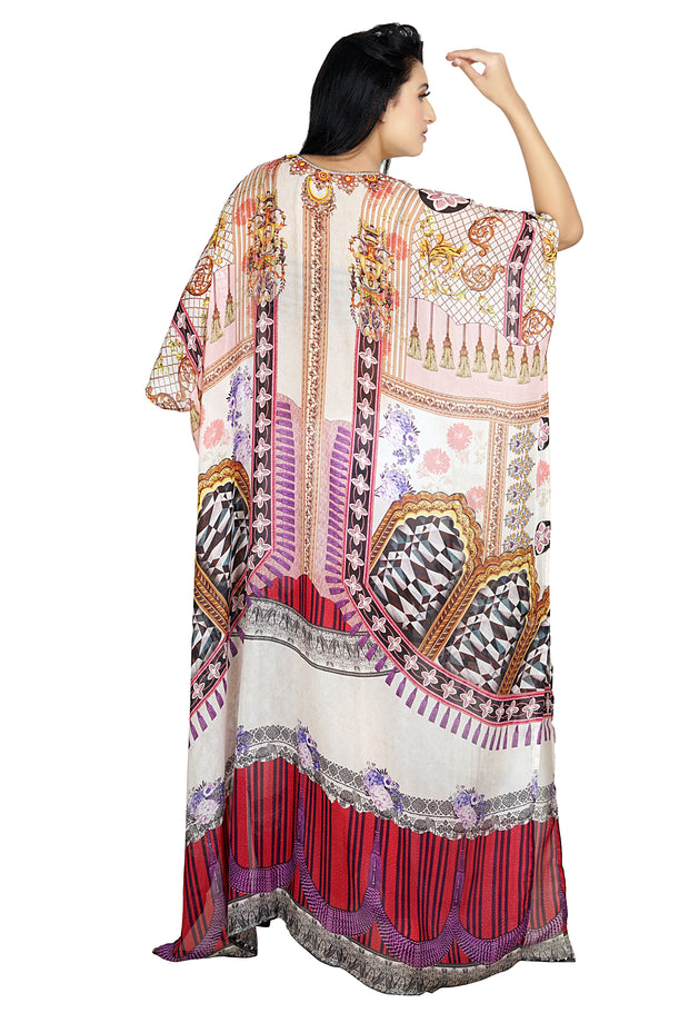 Lace up Vintage Style plus size Silk Caftan Dress with Geometric Print