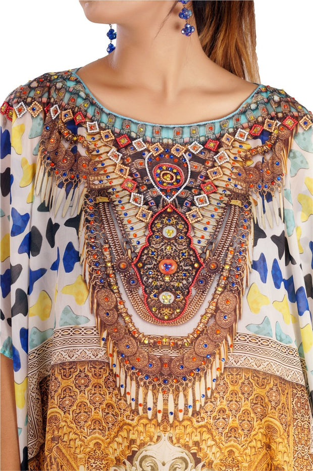Party Wear Round Neck Maxi Long trivial Silk Kaftan Geometric print Love to drape in for Party lovers