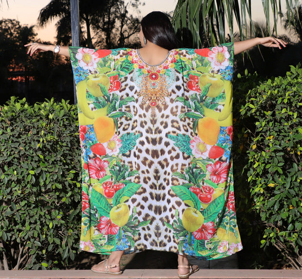 Majestic Fruits and floral with leopard print maxi long kaftan dress