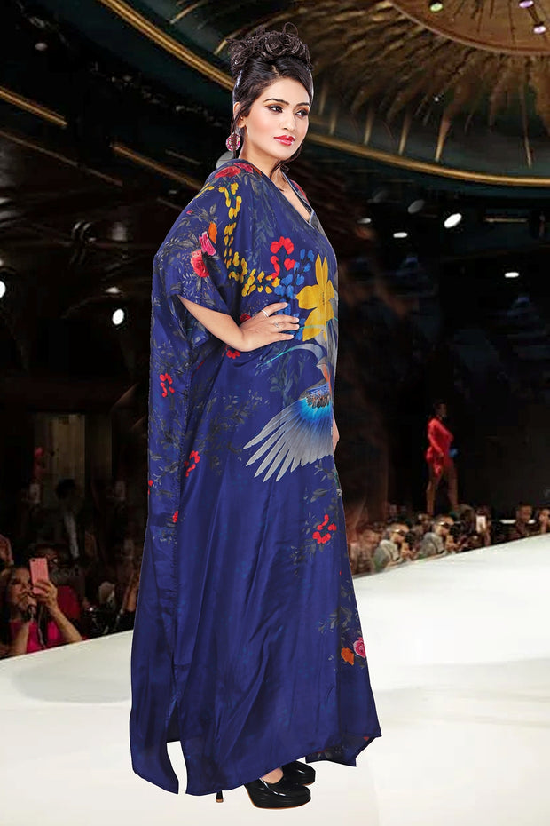 Feathery Print amazing long kaftan for short women silk dress