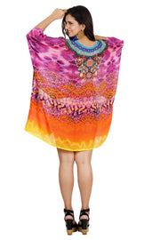 Short Unique Design Feminine Silk Kaftan with Classic Cami Straps printed all over for a formal look Silk caftan tunic