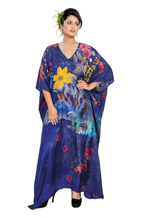 Feathery Print amazing long kaftan for short women silk dress