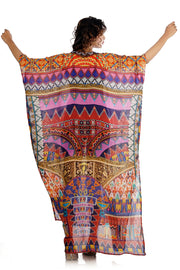 Heavily emblleshed Young and Groovy Long Silk Kaftan of Colourful Geometric Patterns blown up beads