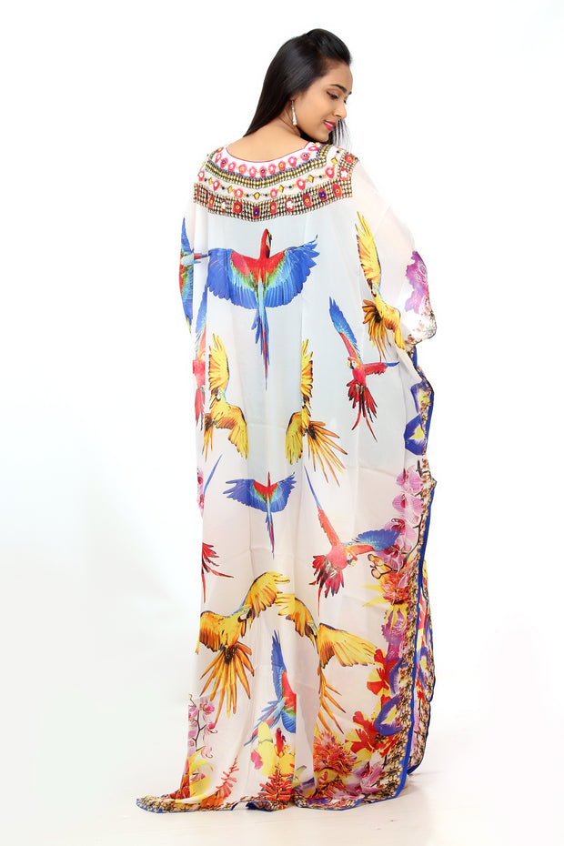 Get along this magnificently festooned Full length Silk Kaftan with Bird Print and embellishment