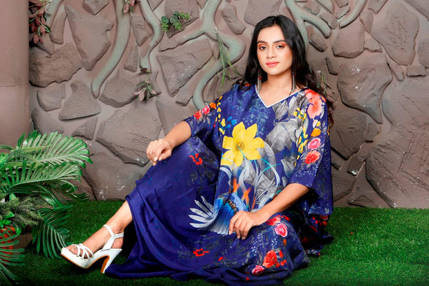 Impressive Feathery Print Southern Twilight Kaftan embellished silk kaftan