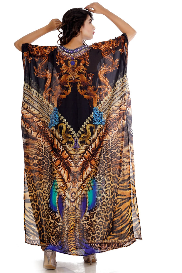 Wildness of dragon with other Animals Skin Printed Elegant Silk Kaftans