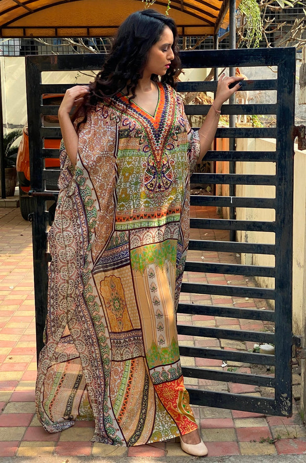Pure silk kaftans elegant silk dress crystal embellished beach wear caftan