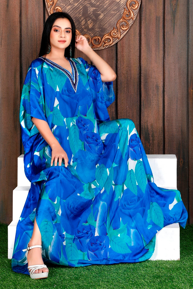 Lovely Blue Rosy Silk Kaftan with elegant roses and V Neck Patterned Sequences