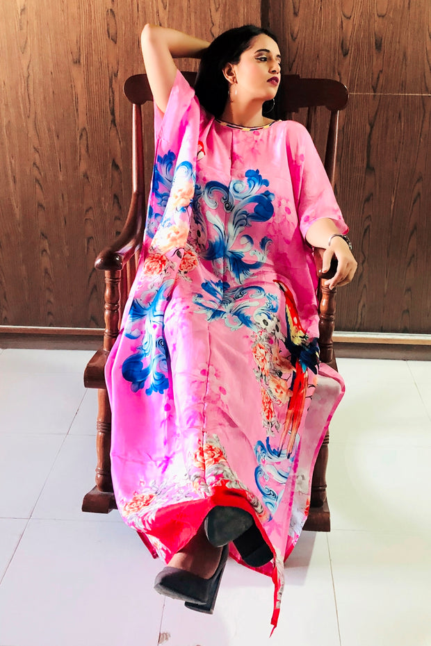 Silk caftan beach dress kaftan pink colored bird print caftan evening dresses