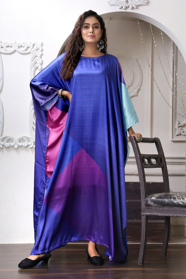 Blue Silk Dress Designer Kaftan Plus Size Vibrant Robe for Resort Wear