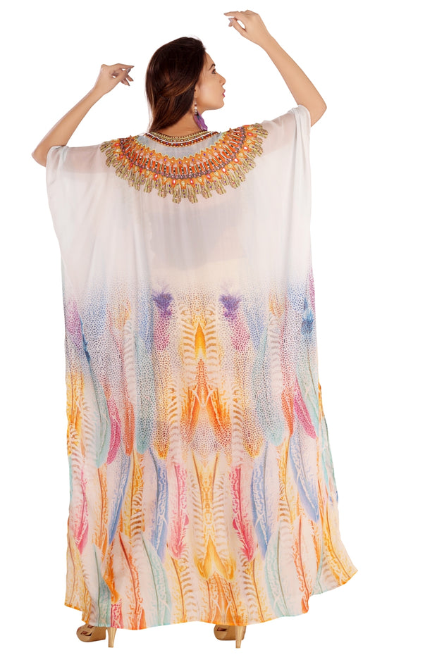 Bohemian Leopard Print Kaftan in Bright Colours with beaded V Neckline