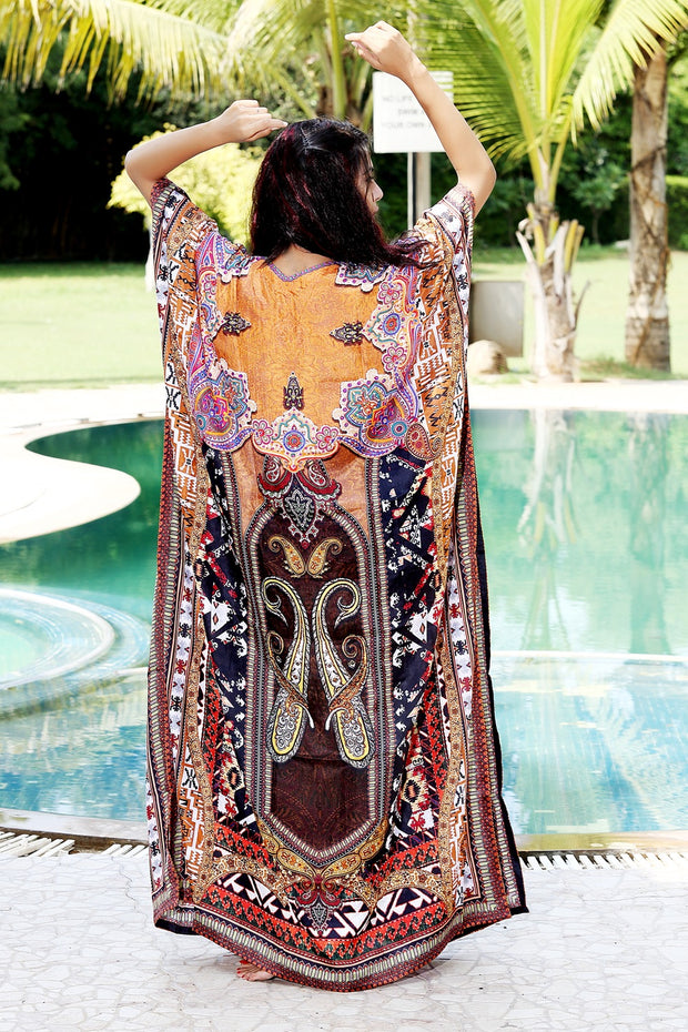 Bohemian Print Long Silk Kaftan Dress with Beautiful Lightweight kaftan