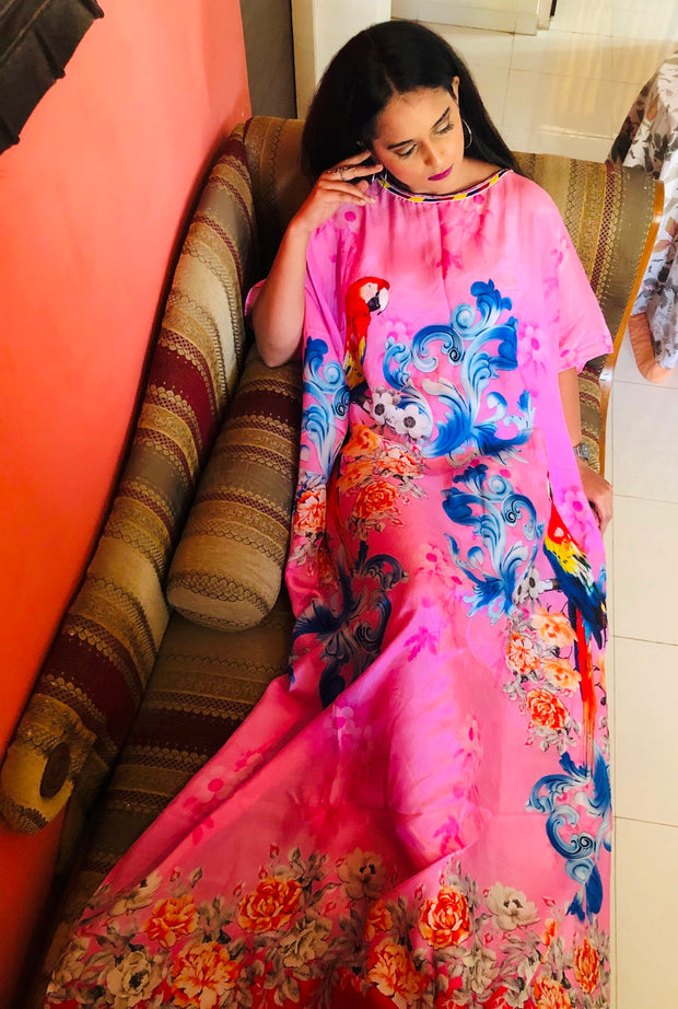 Silk caftan beach dress kaftan pink colored bird print caftan evening dresses