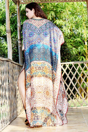 Kalamkari Pattern Silk Kaftan Cover-up Dress with Intricate Crystal Work near neck Cruise wear kaftan