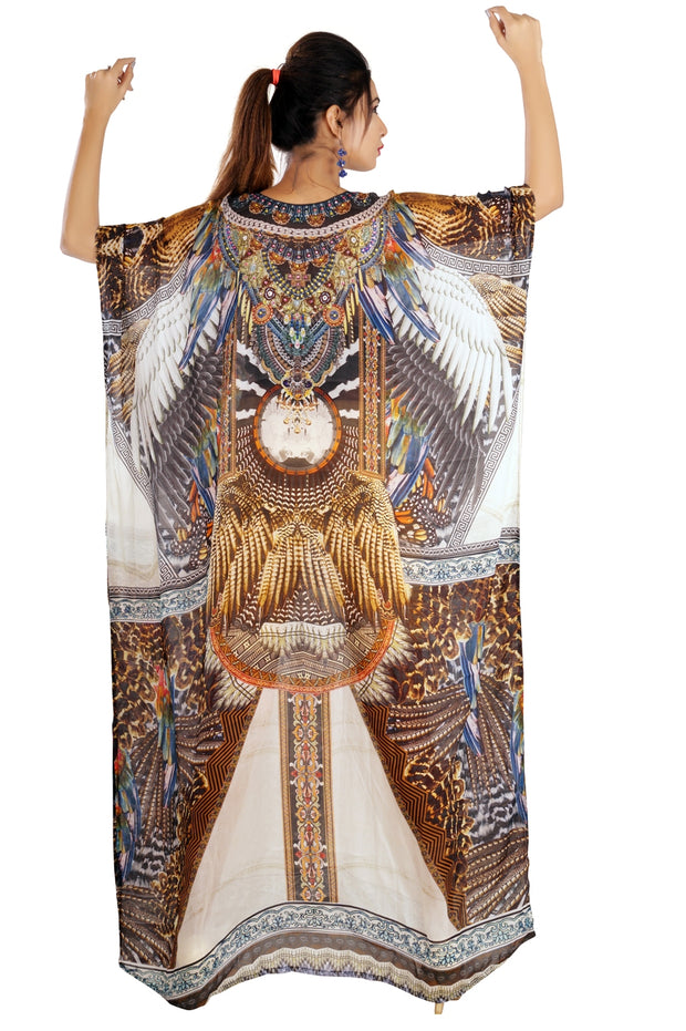 Something Exotic and elegant Tribal print over Maxi long Silk Kaftan Boho Style