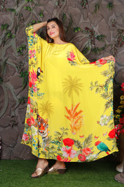 Animal Print Silk Kaftan Maxi Dress For Women Yellow Silk Caftan Top