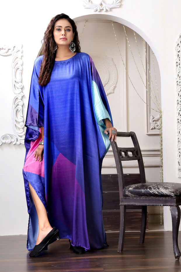 Blue Silk Dress Designer Kaftan Plus Size Vibrant Robe for Resort Wear