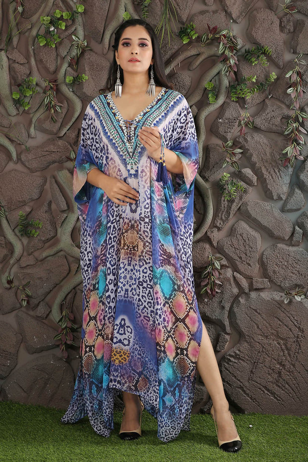 Beautiful Plus Size lace up kaftan blue animal print caftan blue dress
